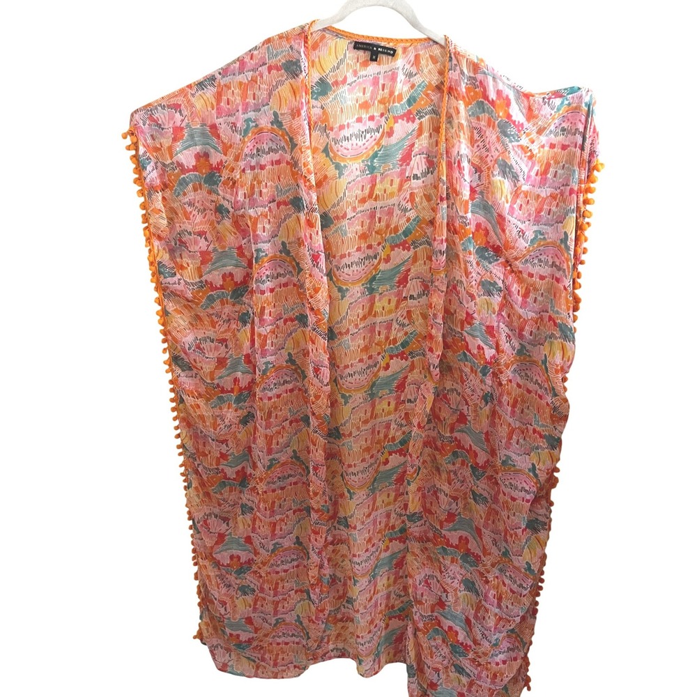 America‎ & Beyond Pom Pom Trim Abstract Print Kimono Wrap Cover Up Medium